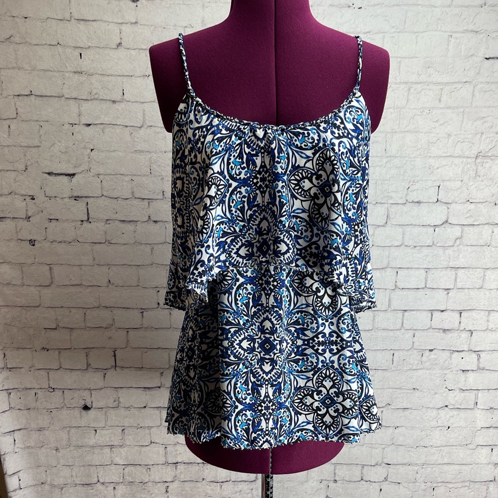 White House Black Market blue and white spaghetti strap blouse
